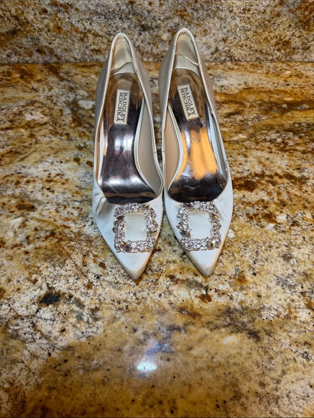 Badgley Mischka Ivory Satin Pointed Toe Embellished Pumps